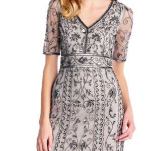 ADRIANNA PAPELL V- NECK BEADED MESH DRESS